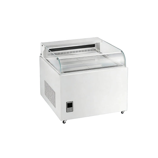 Commercial upright open-top cake showcase with curved glass display.