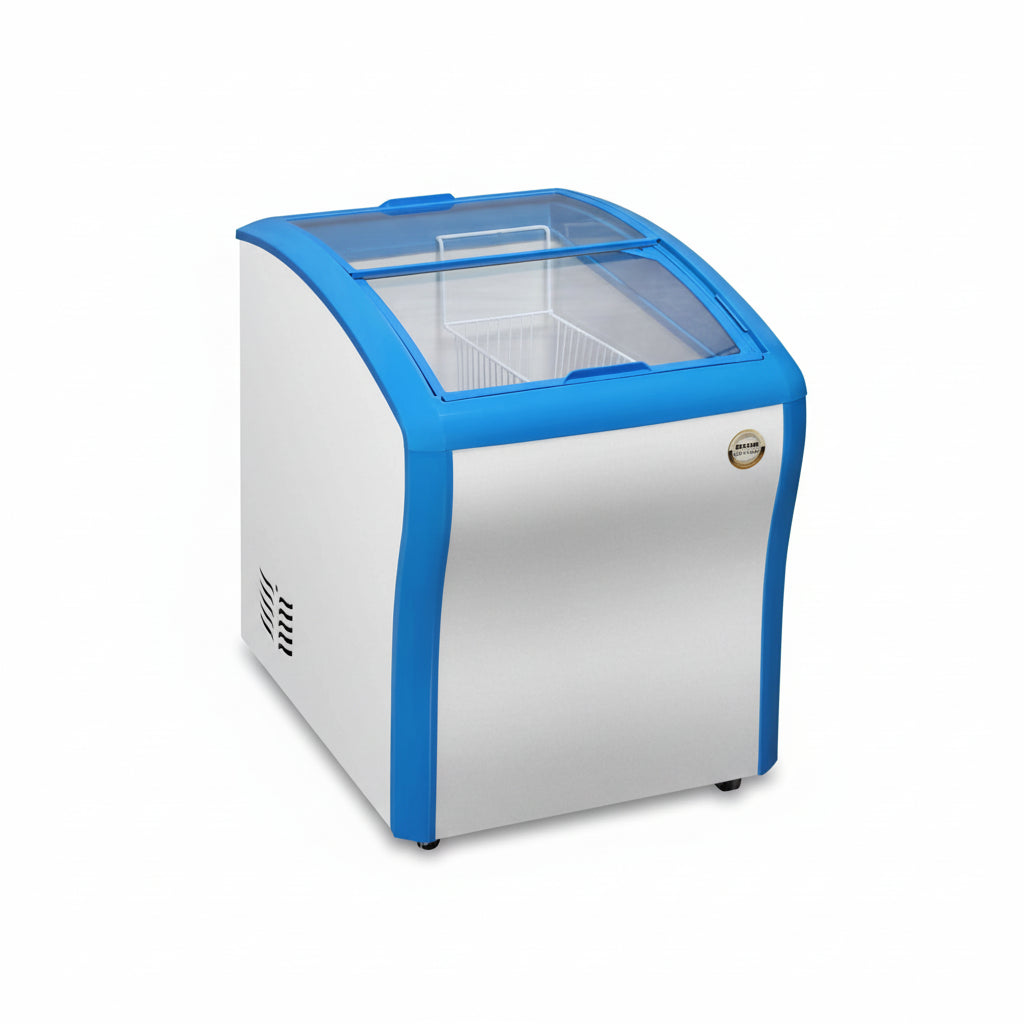 Commercial blue ice cream chest freezer with front sliding glass display doors.