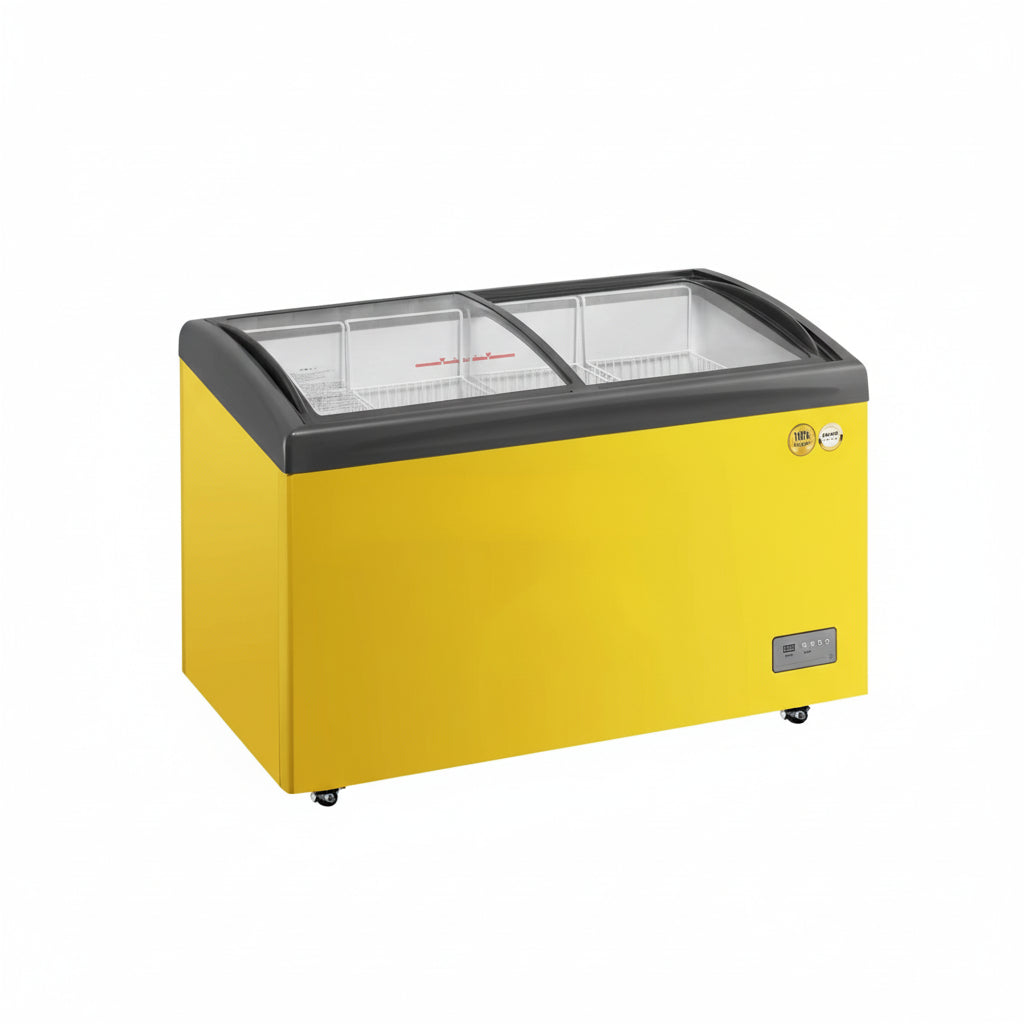 Commercial yellow ice cream chest freezer with two sliding glass display doors.