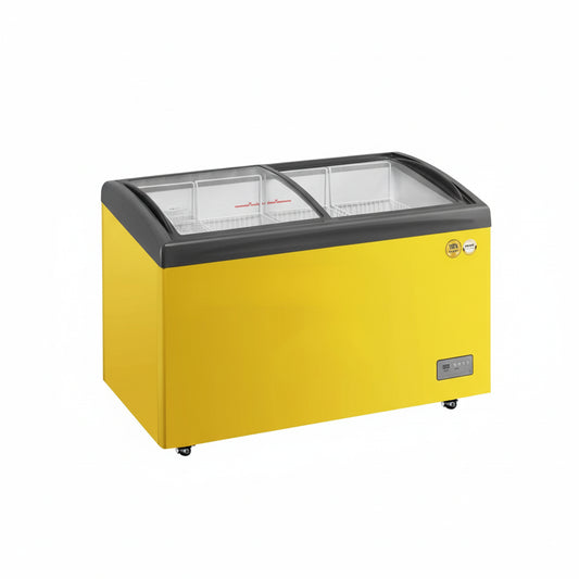Commercial yellow ice cream chest freezer with two sliding glass display doors.