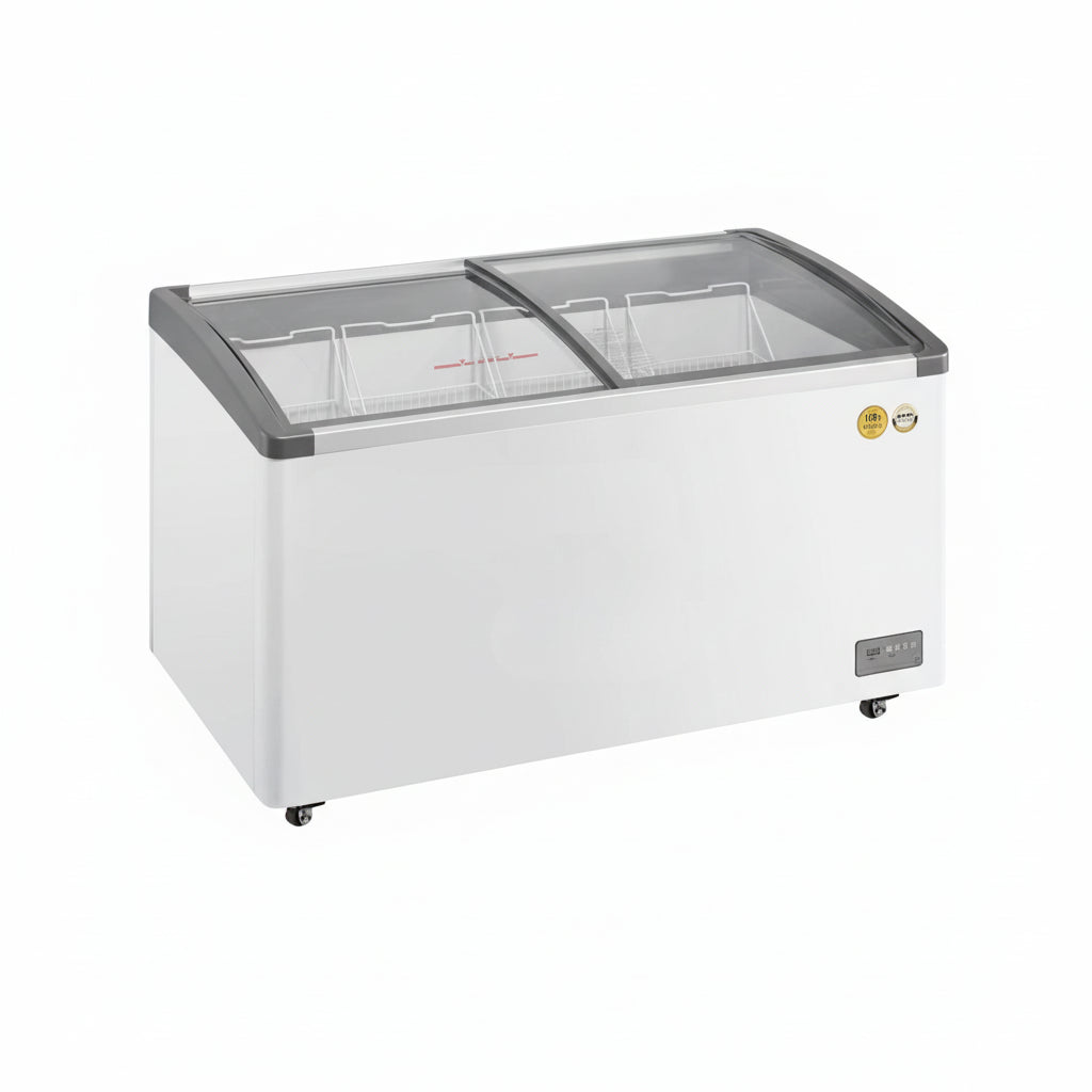 Commercial ice cream chest freezer with plastic frame and two sliding glass display doors.