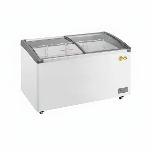 Commercial ice cream chest freezer with plastic frame and two sliding glass display doors.