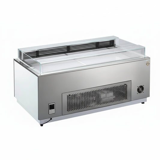 Commercial upright open-top cake showcase with straight glass display with legs.