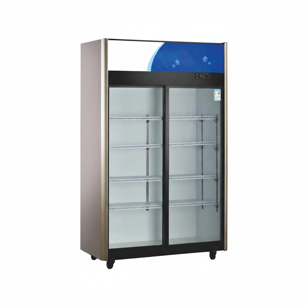 Commercial glass upright showcase static cooling refrigerator with two sliding doors.