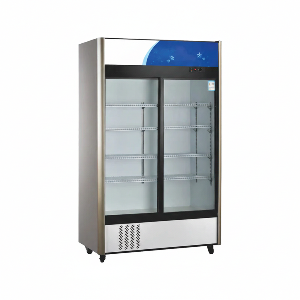 Commercial glass upright showcase static cooling refrigerator with two sliding doors and wheels.