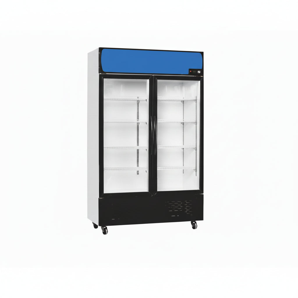 Commercial standard plastic frame glass door upright showcase static cooling refrigerator with two glass doors.