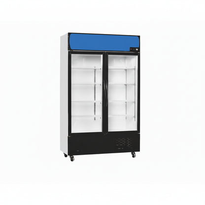 Commercial standard plastic frame glass door upright showcase static cooling refrigerator with two glass doors.