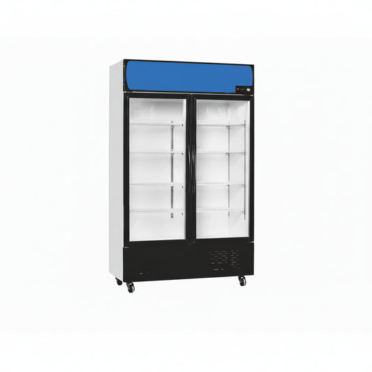 Commercial standard plastic frame glass door upright showcase static cooling refrigerator with two glass doors.