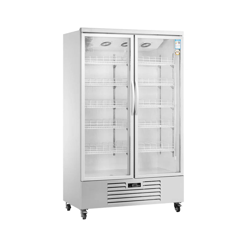Commercial standard upright showcase ventilated cooling refrigerator with two glass doors in white.