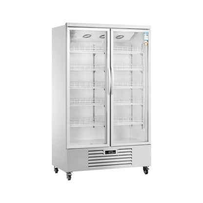 Commercial standard upright showcase ventilated cooling refrigerator with two glass doors in white.