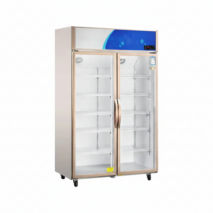 Commercial standard glass door upright showcase static cooling refrigerator with two glass doors.