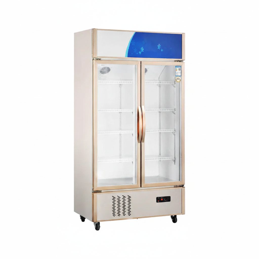Commercial standard glass door upright showcase static cooling refrigerator with two glass doors and wheels.
