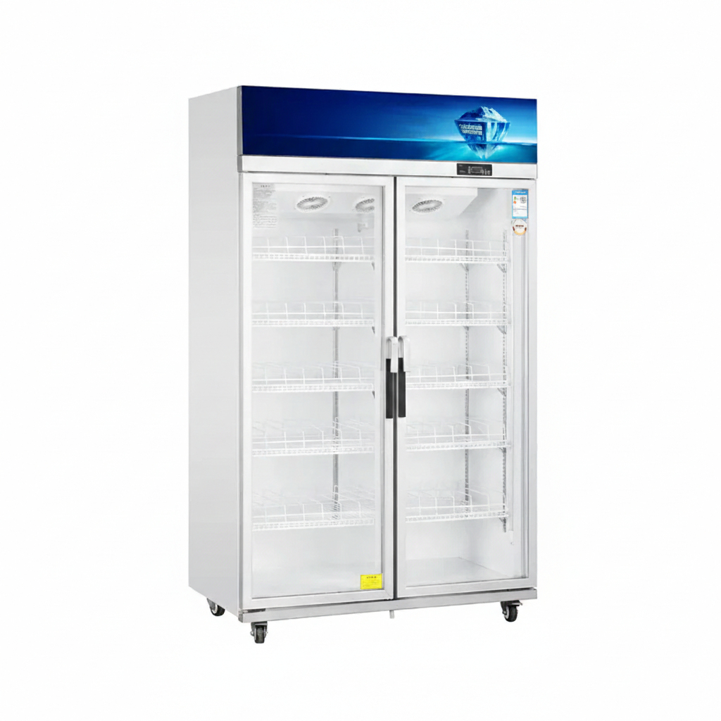 Commercial standard upright showcase ventilated cooling refrigerator with two glass doors.