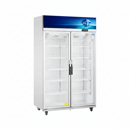 Commercial standard upright showcase ventilated cooling refrigerator with two glass doors.