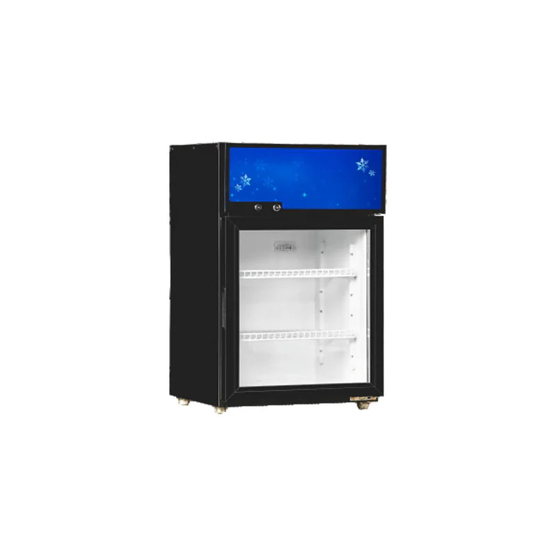 Commercial upright static cooling showcase refrigerator with single swing glass door and two shelves.
