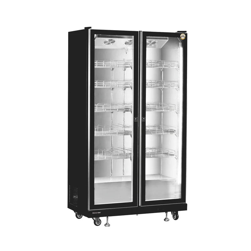 Commercial upright ventilated cooling wine cooler with double glass doors and black frame.
