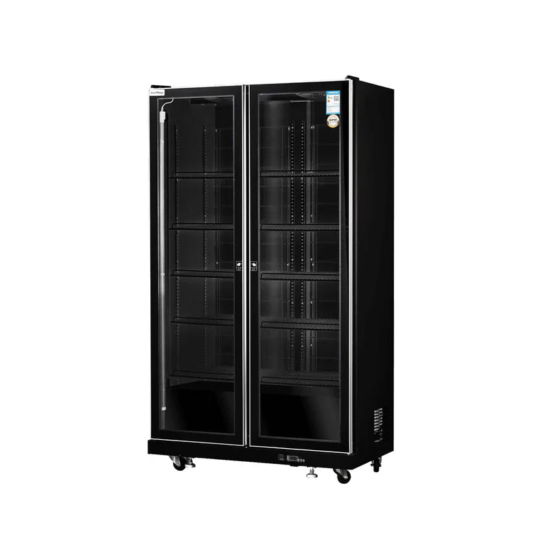 Commercial upright ventilated cooling wine cooler with double glass doors and full black frame.