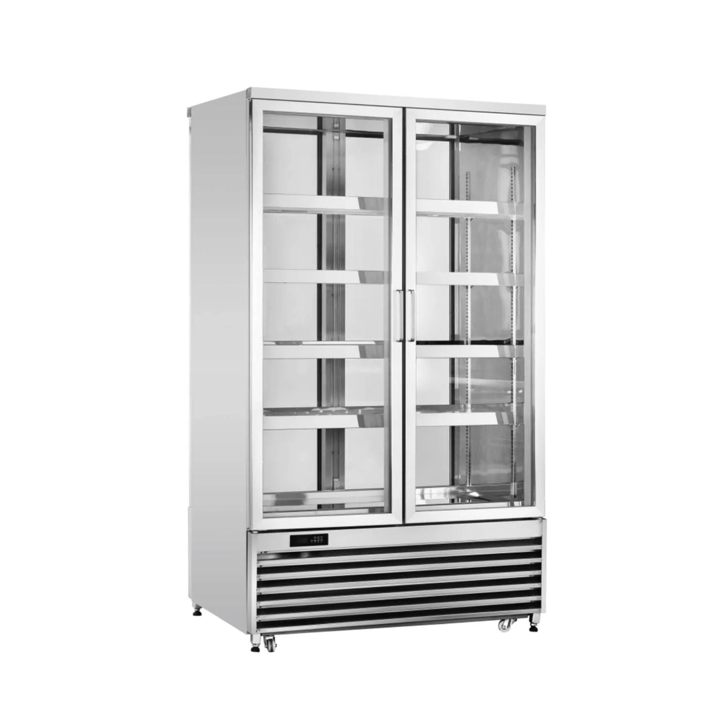 Commercial upright showcase ventilated or static cooling refrigerator with dual access glass doors.