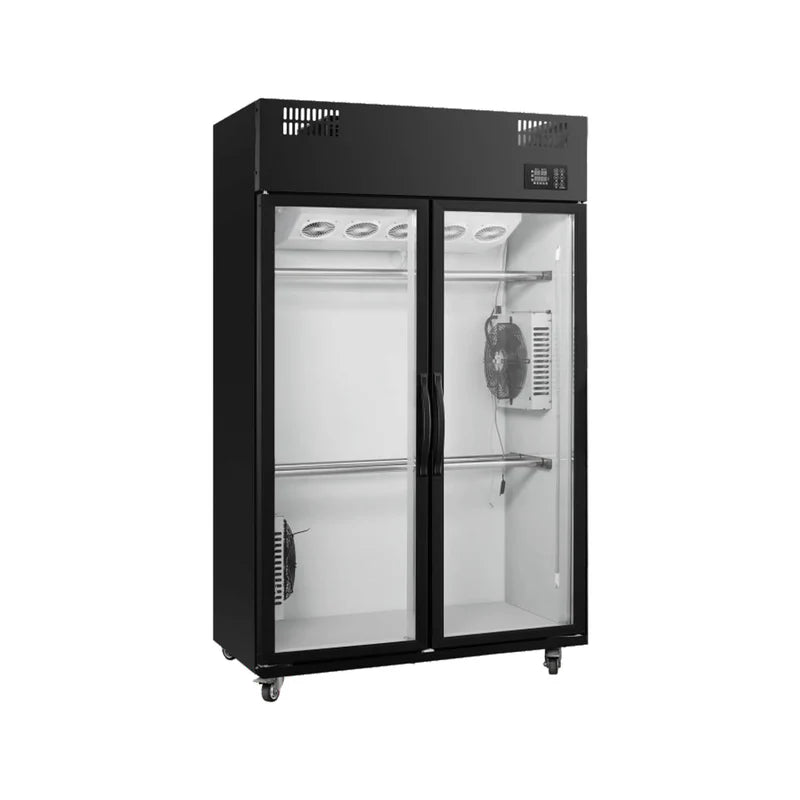 Commercial upright meat display air drying cabinet with double glass doors.