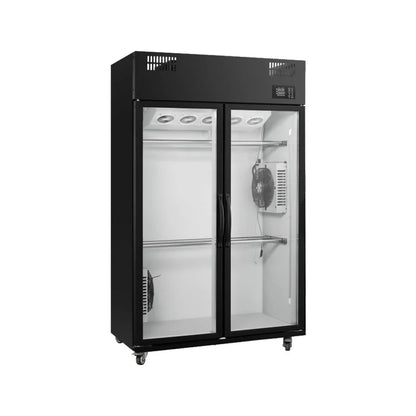Commercial upright meat display air drying cabinet with double glass doors.