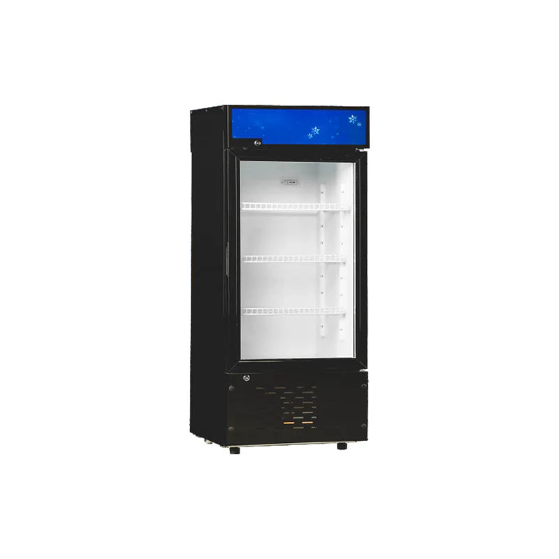 Commercial upright static cooling showcase refrigerator with single swing glass door and three shelves.
