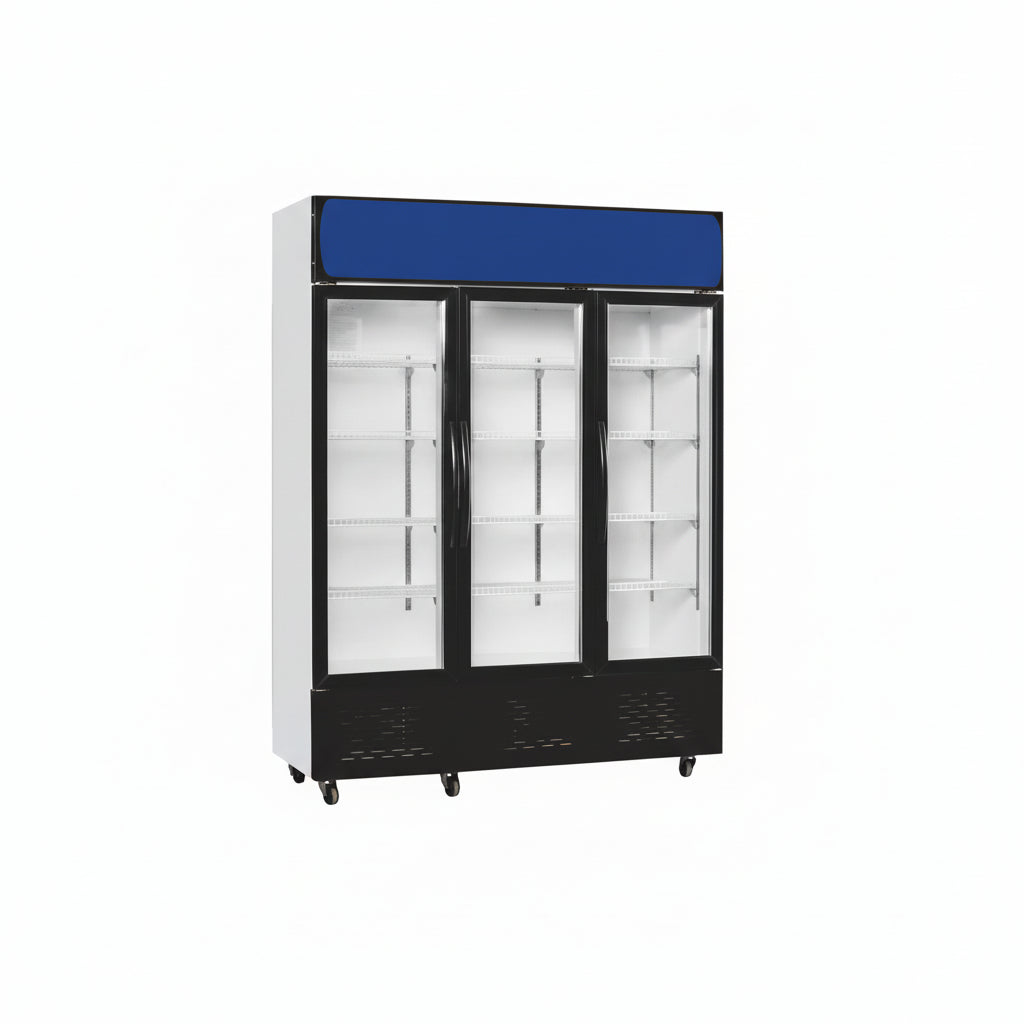 Commercial standard plastic frame glass door upright showcase static cooling refrigerator with three glass doors.