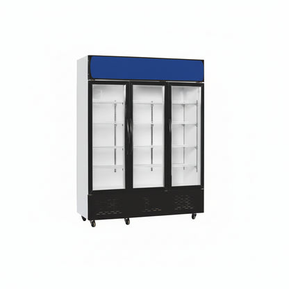 Commercial standard plastic frame glass door upright showcase static cooling refrigerator with three glass doors.