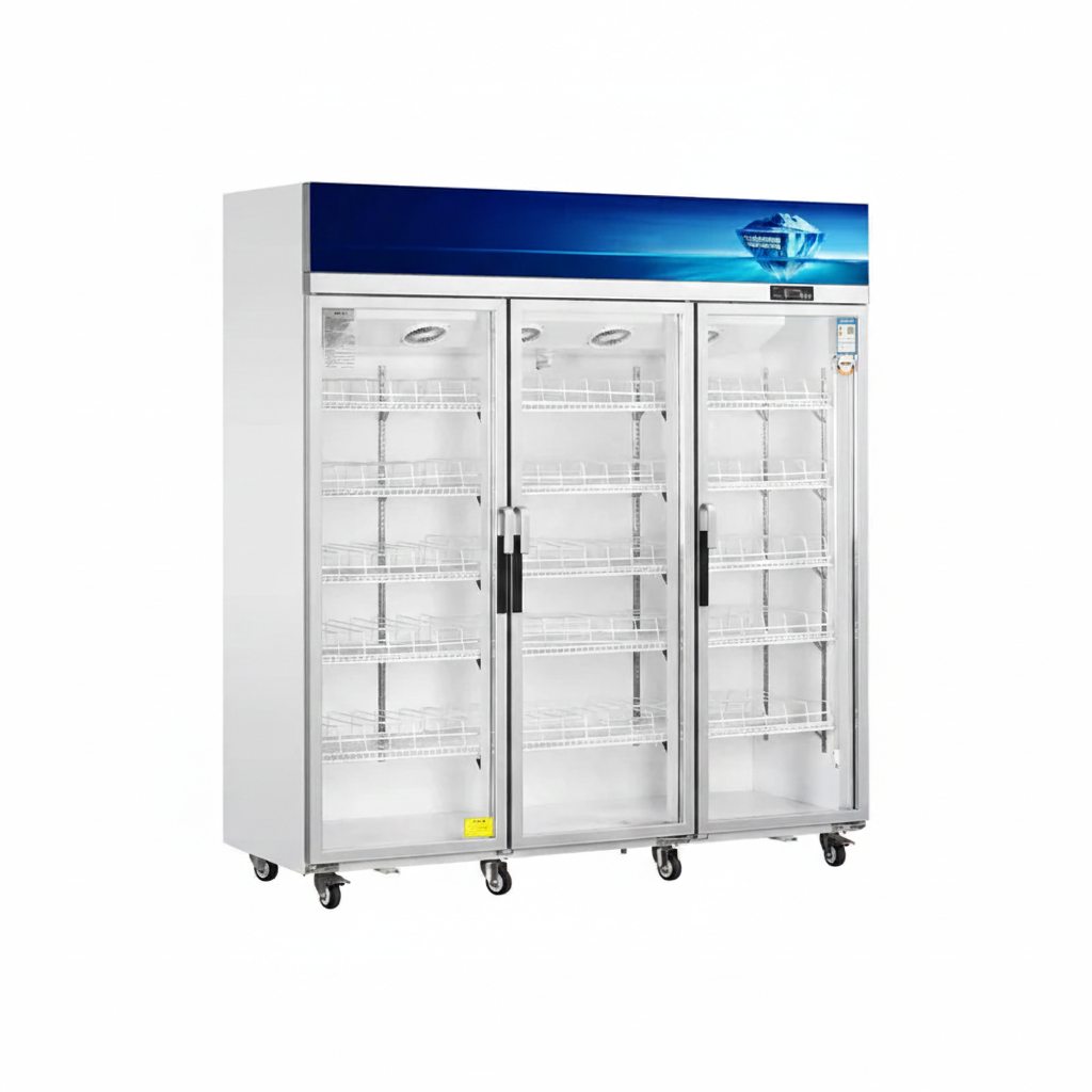 Commercial standard upright showcase ventilated cooling refrigerator with three glass doors.