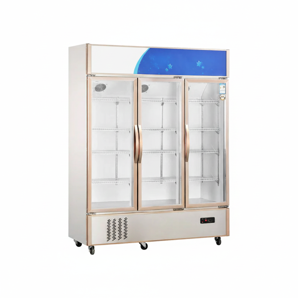 Commercial standard glass door upright showcase static cooling refrigerator with three glass doors.