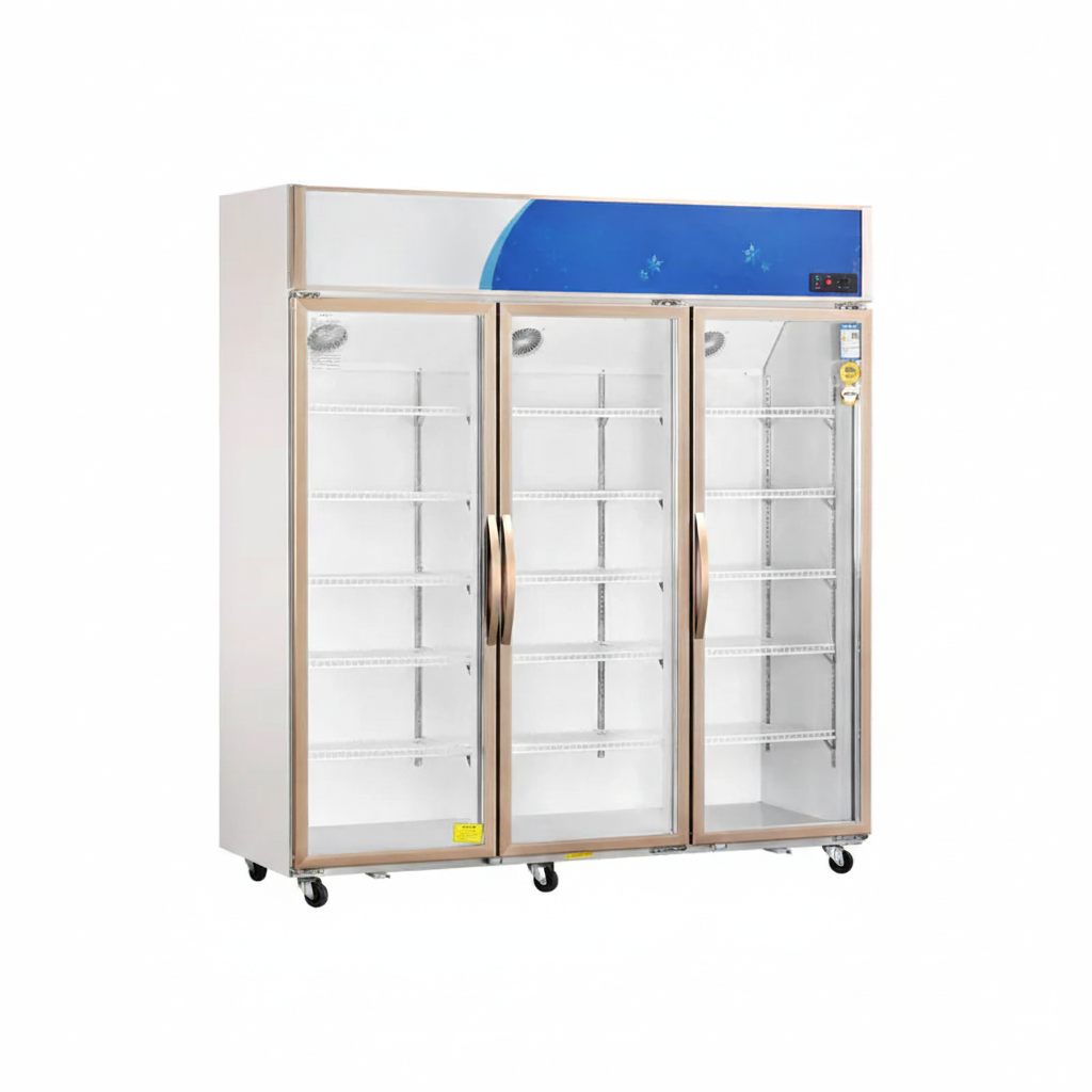 Commercial standard glass door upright showcase static cooling refrigerator with three glass doors and wheels.
