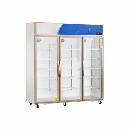 Commercial standard glass door upright showcase static cooling refrigerator with three glass doors and wheels.