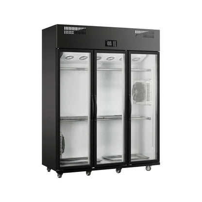Commercial upright meat display air drying cabinet with triple glass doors.
