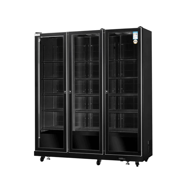 Commercial upright ventilated cooling wine cooler with triple glass doors and full black frame.
