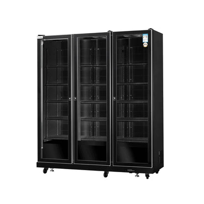 Commercial upright ventilated cooling wine cooler with triple glass doors and full black frame.