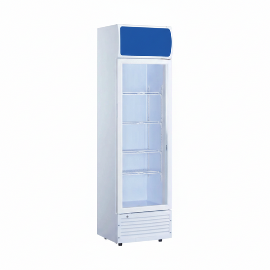 Commercial standard single plastic frame glass door upright showcase static cooling refrigerator.