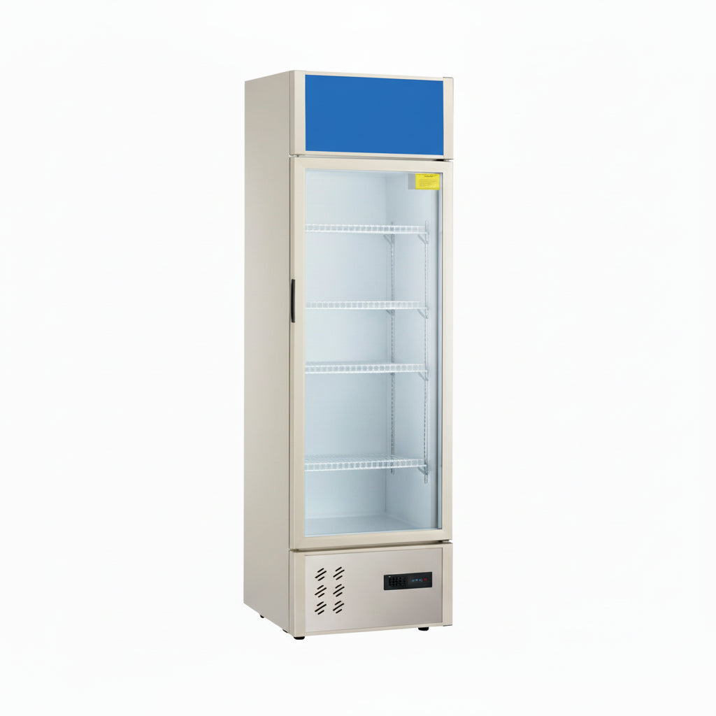 Commercial economy single glass door upright showcase static cooling refrigerator.