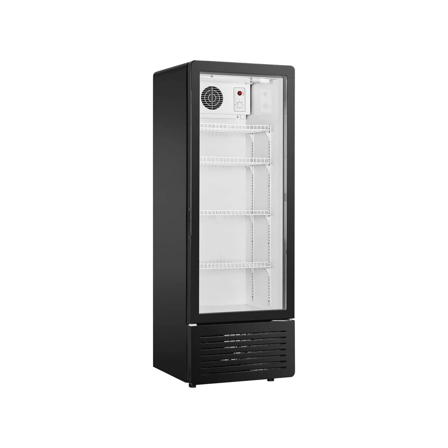 Commercial upright static cooling flat top showcase refrigerator with single glass door.