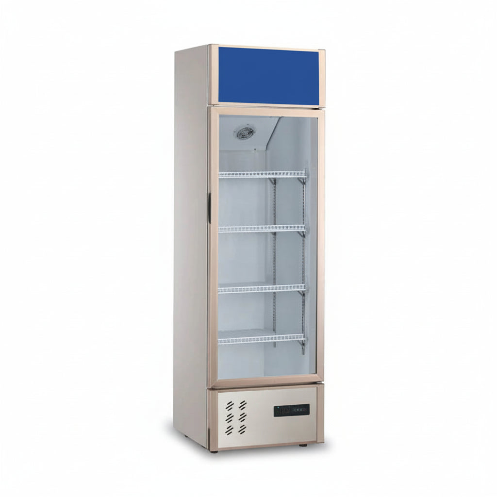 Commercial economy single glass door upright showcase static cooling refrigerator in champagne.