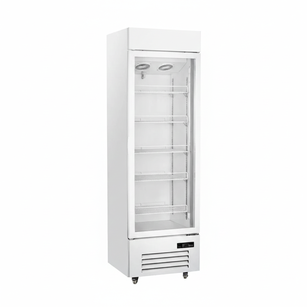 Commercial upright showcase ventilated cooling refrigerator with single door.