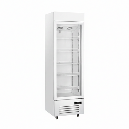 Commercial upright showcase ventilated cooling refrigerator with single door.