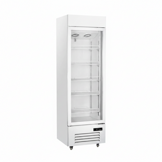 Commercial upright showcase ventilated cooling refrigerator with single door.