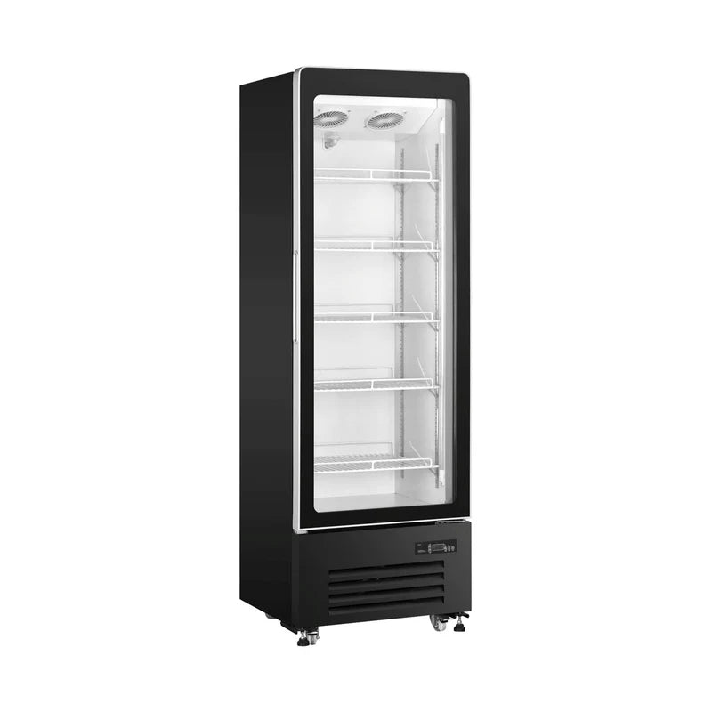 Commercial upright showcase ventilated cooling refrigerator with single door in black.
