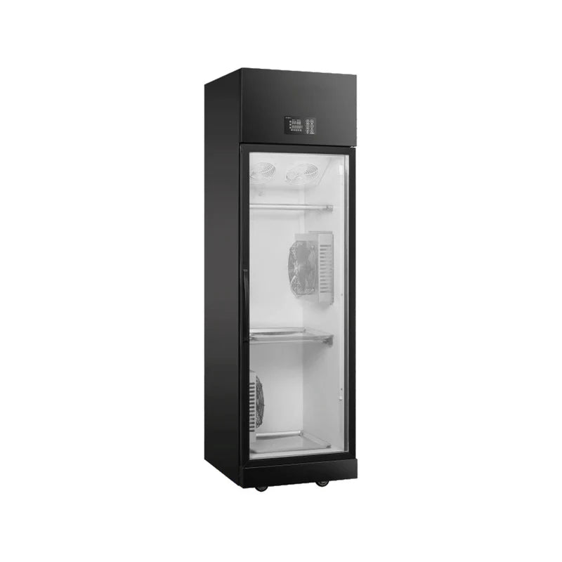 Commercial upright meat display air drying cabinet with single glass door.