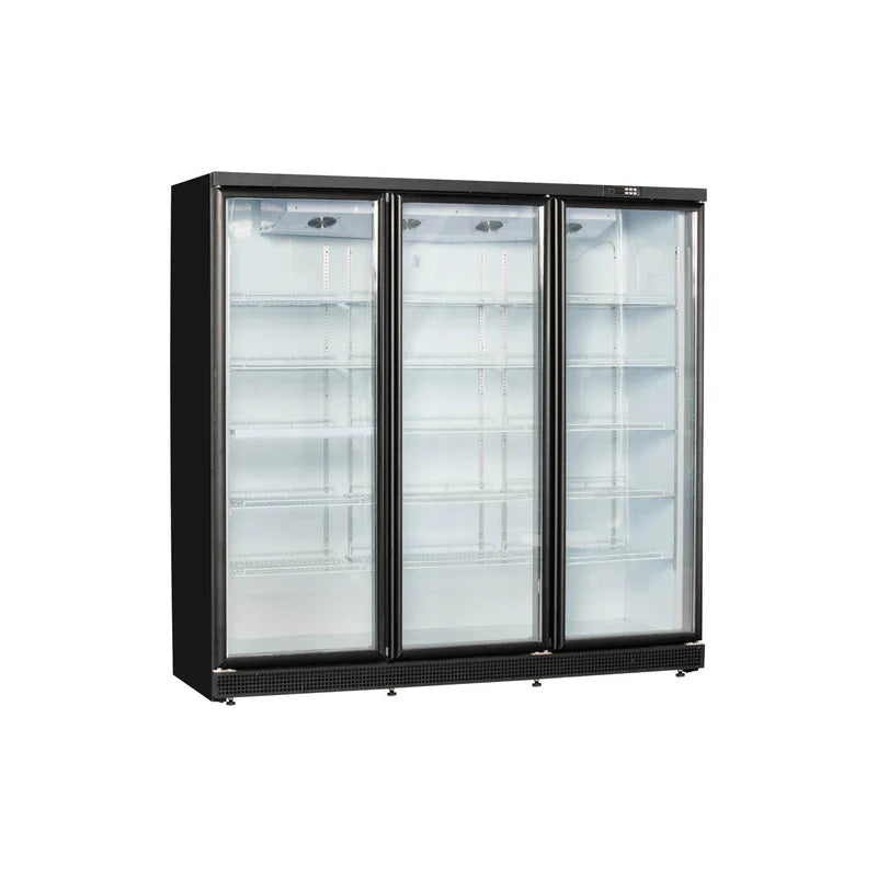 Commercial upright showcase ventilated cooling beverage cooler with three glass doors and black frame.