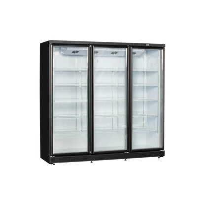 Commercial upright showcase ventilated cooling beverage cooler with three glass doors and black frame.