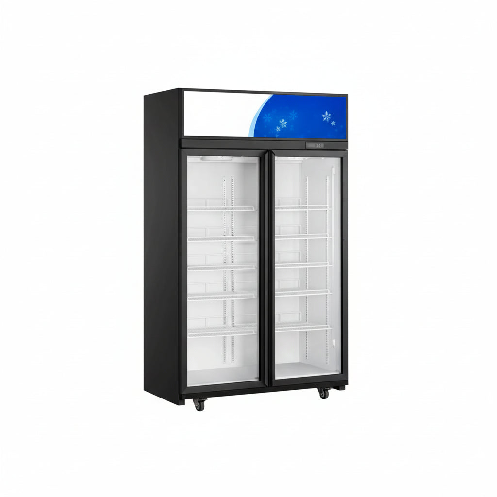 Commercial upright showcase ventilated cooling refrigerator freezer with double glass doors in black.
