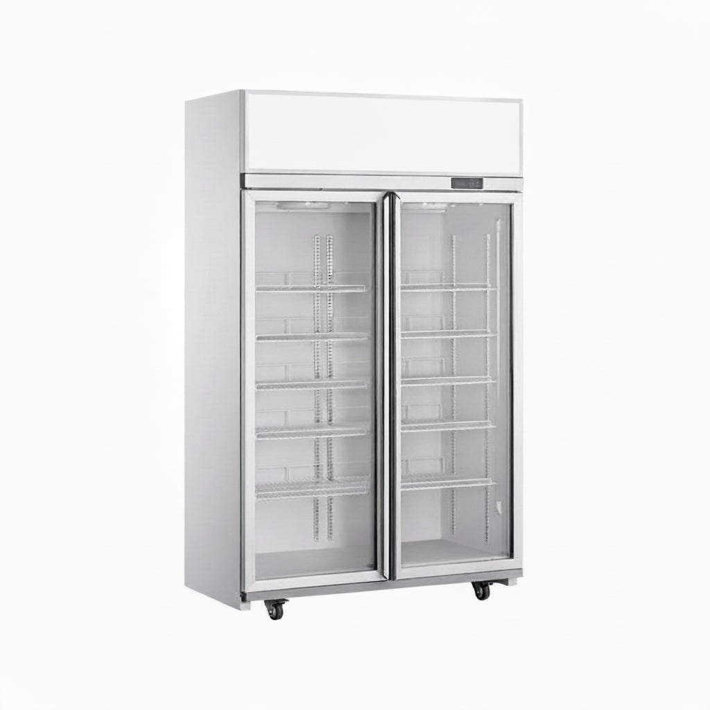 Commercial upright showcase ventilated cooling refrigerator freezer with double glass doors in white.