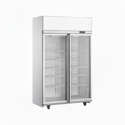 Commercial upright showcase ventilated cooling refrigerator freezer with double glass doors in white.