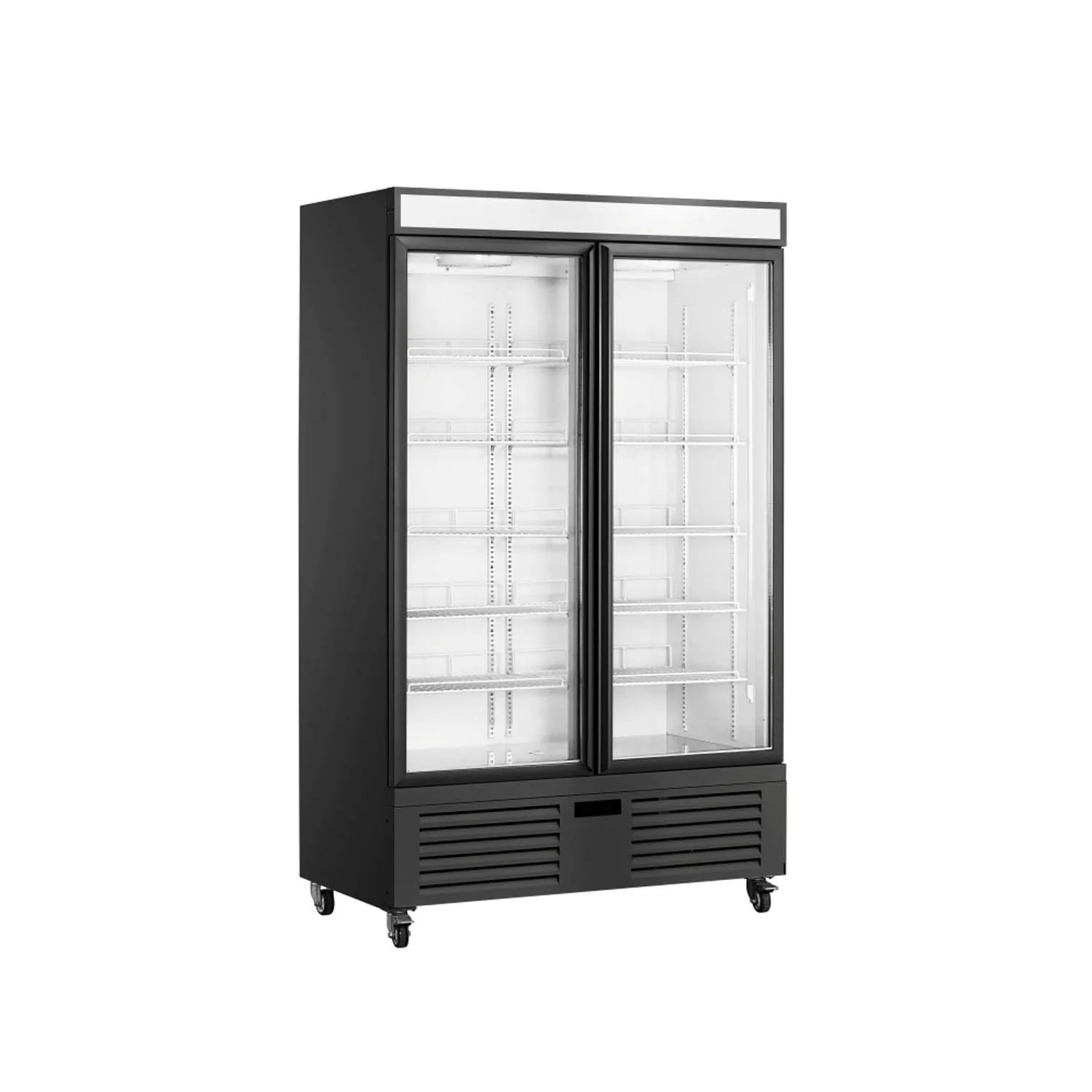 Commercial upright premium ventilated cooling showcase refrigerator freezer with double glass doors in black.
