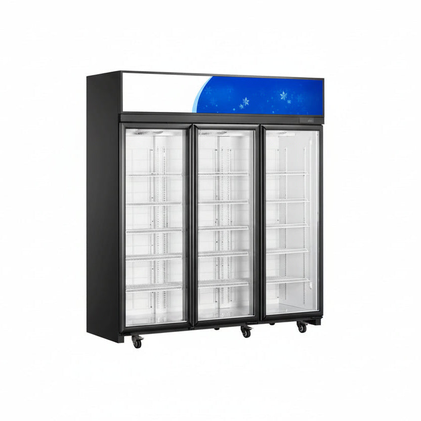 Commercial upright showcase ventilated cooling refrigerator freezer with triple glass doors in black.